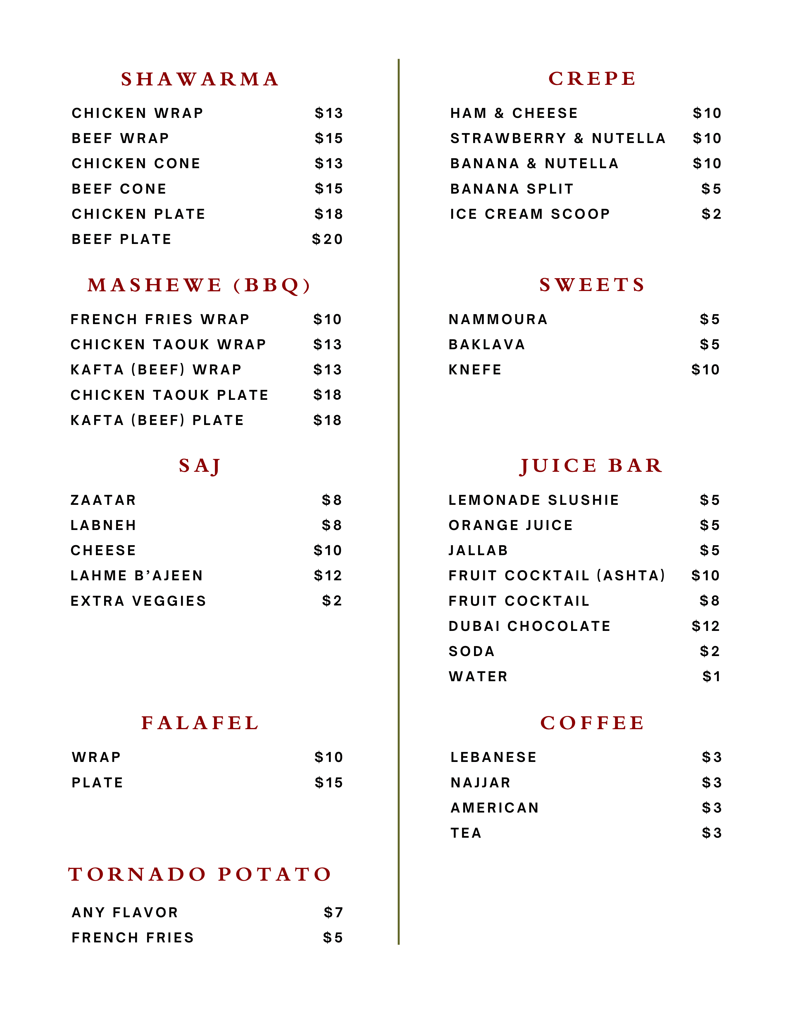 OC Lebanese Festival Menu