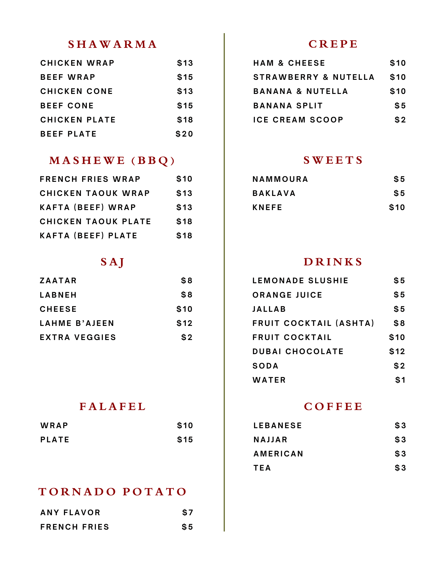OC Lebanese Festival Menu